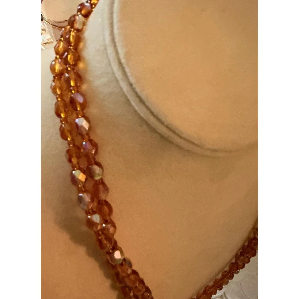 Vintage Amber Aurora Borealis Crystal Bead Necklace | Long Faceted Glass Beads |